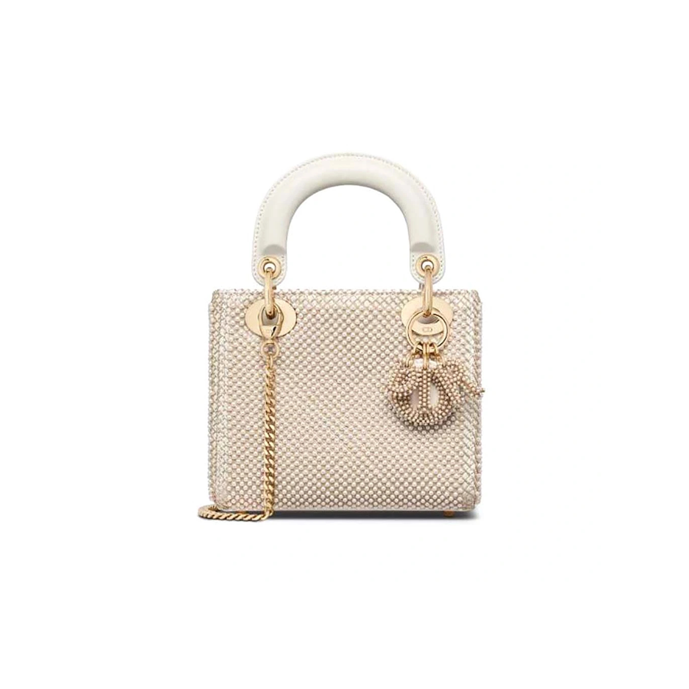 D*or mini lady D*or bag latte calfskin embroidered entirely with white resin pearls (17*15*7cm)